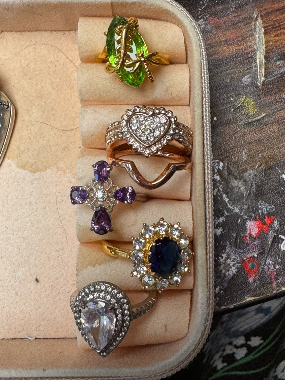 Gold Tone Heart and Diamond Accent Ring - Green, Purple, Blue Options
